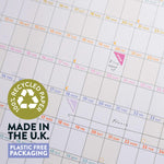 2027 landscape wall planner, in pastels. 100% recycled paper. Made in UK. Plastic free packaging