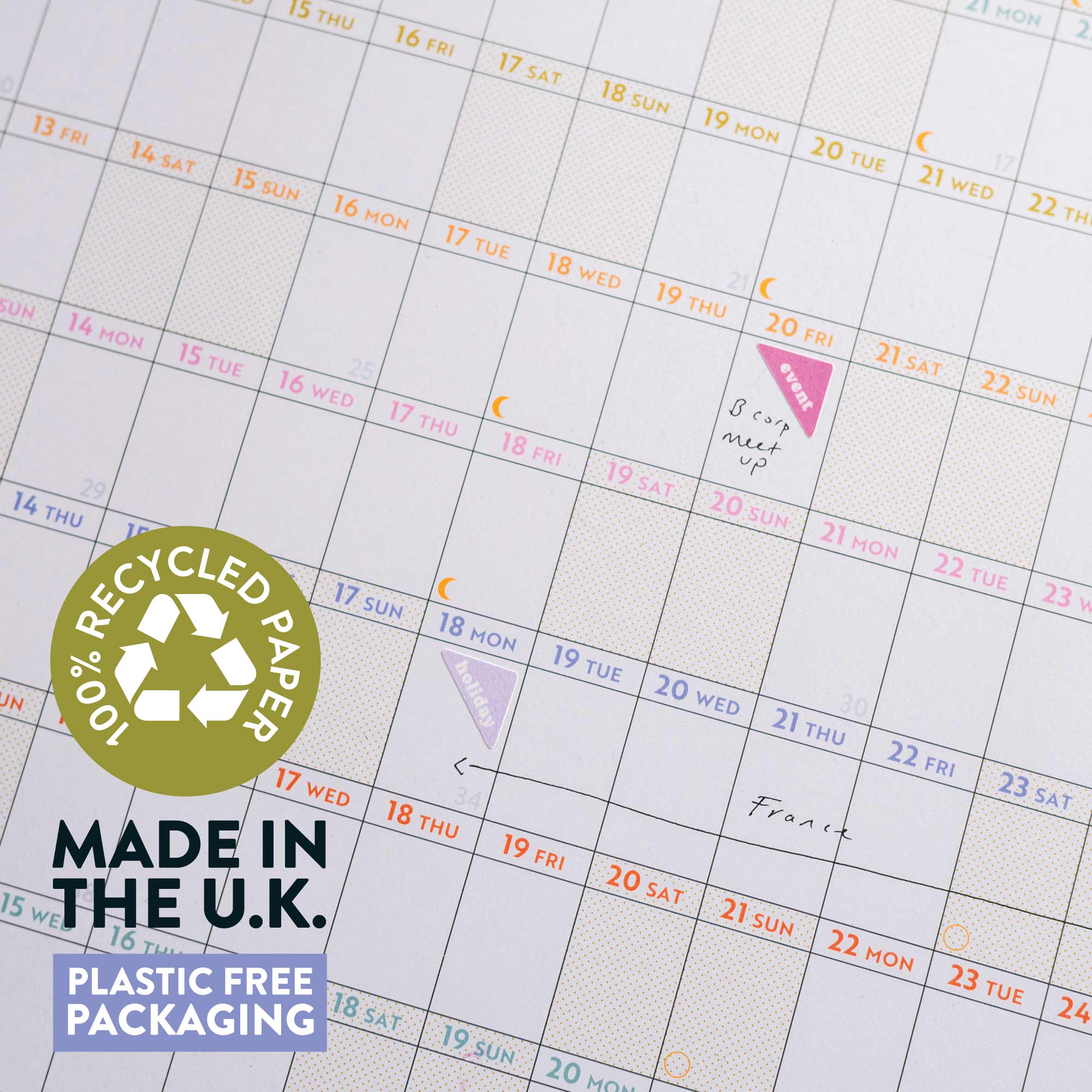 2027 landscape wall planner, in pastels. 100% recycled paper. Made in UK. Plastic free packaging