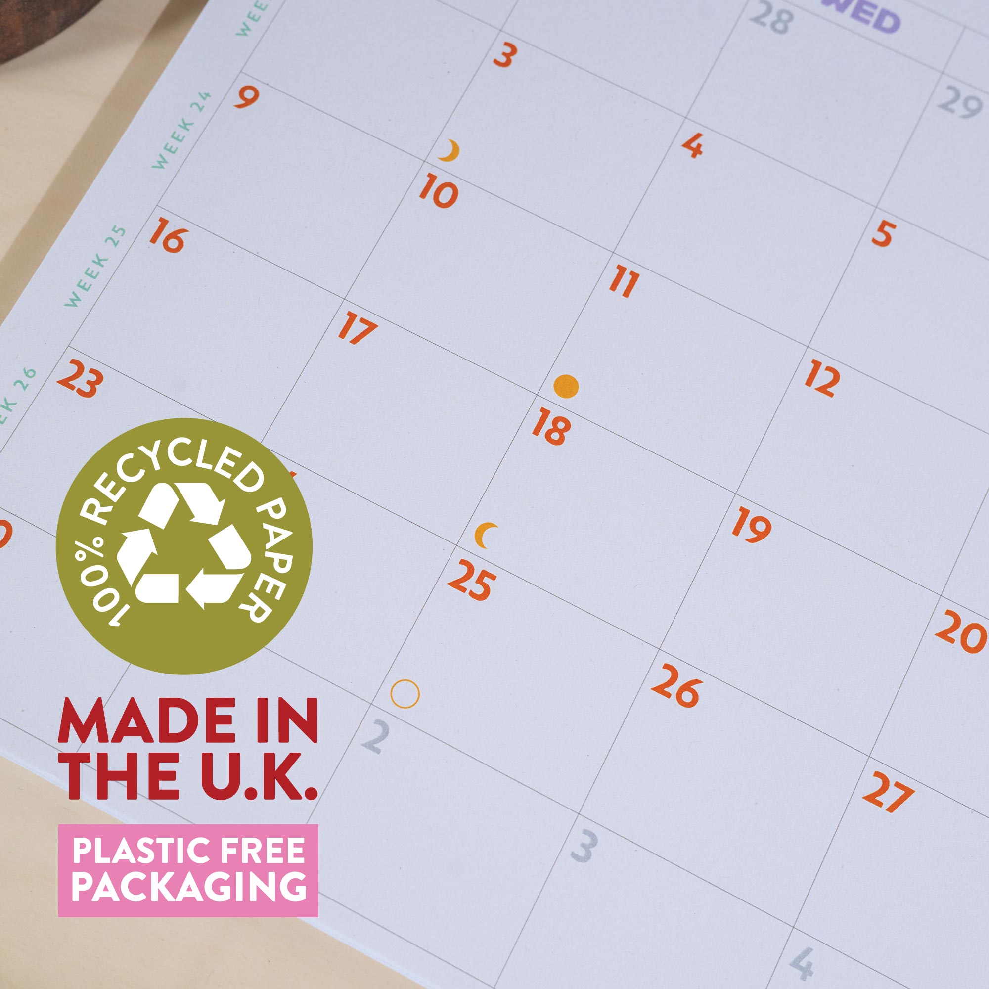 2026 Colour Pop Calendar in a landscape design. 100% Recycled Paper. Made in the UK. Plastic Free Packaging.