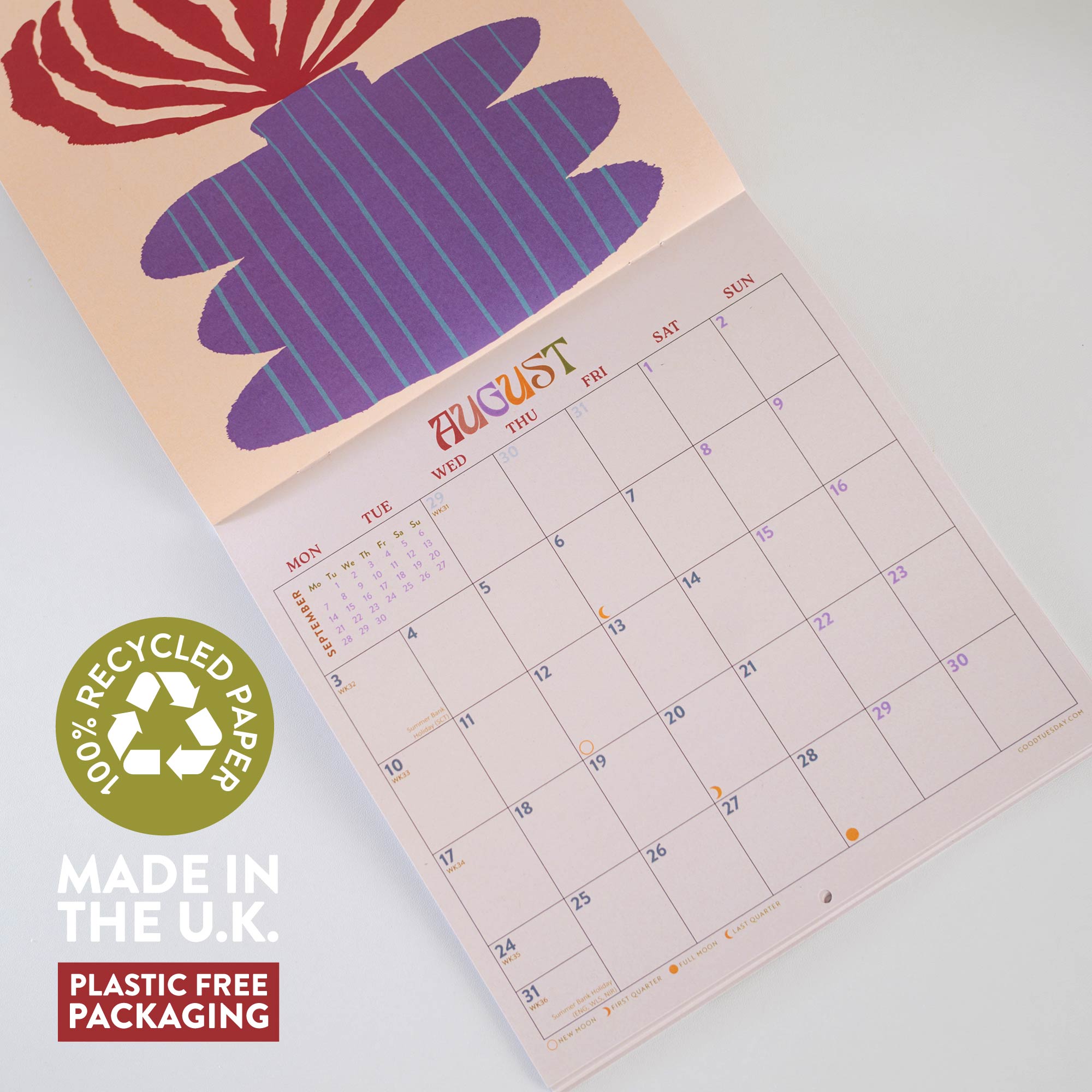 Calendar with a plant design, featuring recycled paper and plastic-free packaging text.