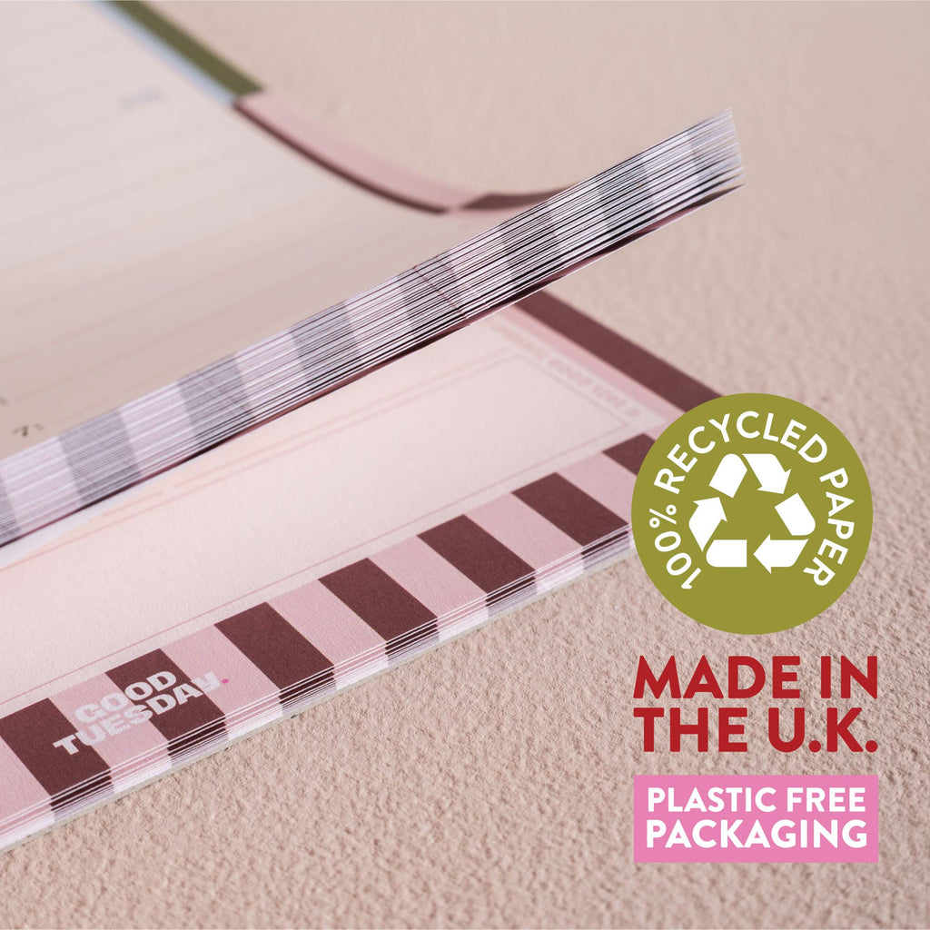 Good Tuesday's Boho Nouveau style daily planner pad. 100% Recycled paper. Made in the UK. Plastic Free Packaging. 