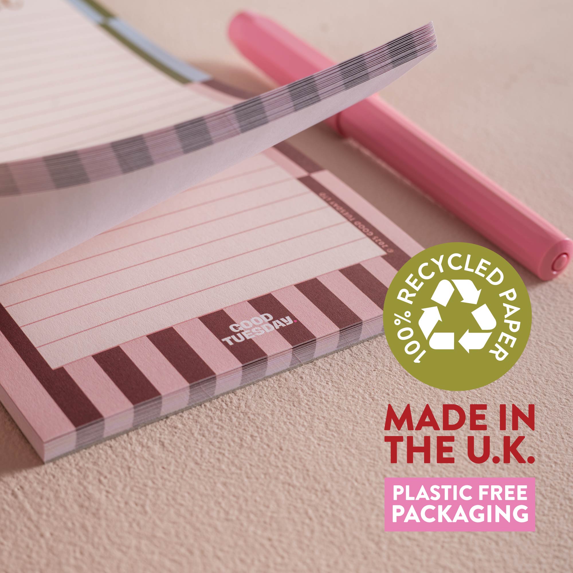 Good Tuesday's Boho Nouveau to do list pad. Striped design. 100% Recycled paper. Made in the UK. Plastic free packaging. 