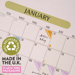 2026 Calendar showing January with recycled paper and plastic-free packaging information.