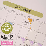 2026 Calendar showing January with recycled paper and plastic-free packaging information.