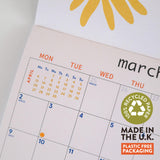 Calendar 2026 featuring a recycled paper and plastic-free packaging label.