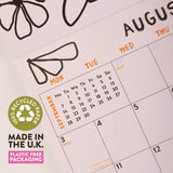 Calendar page with August and September dates, recycled paper logo, and plastic-free packaging text.