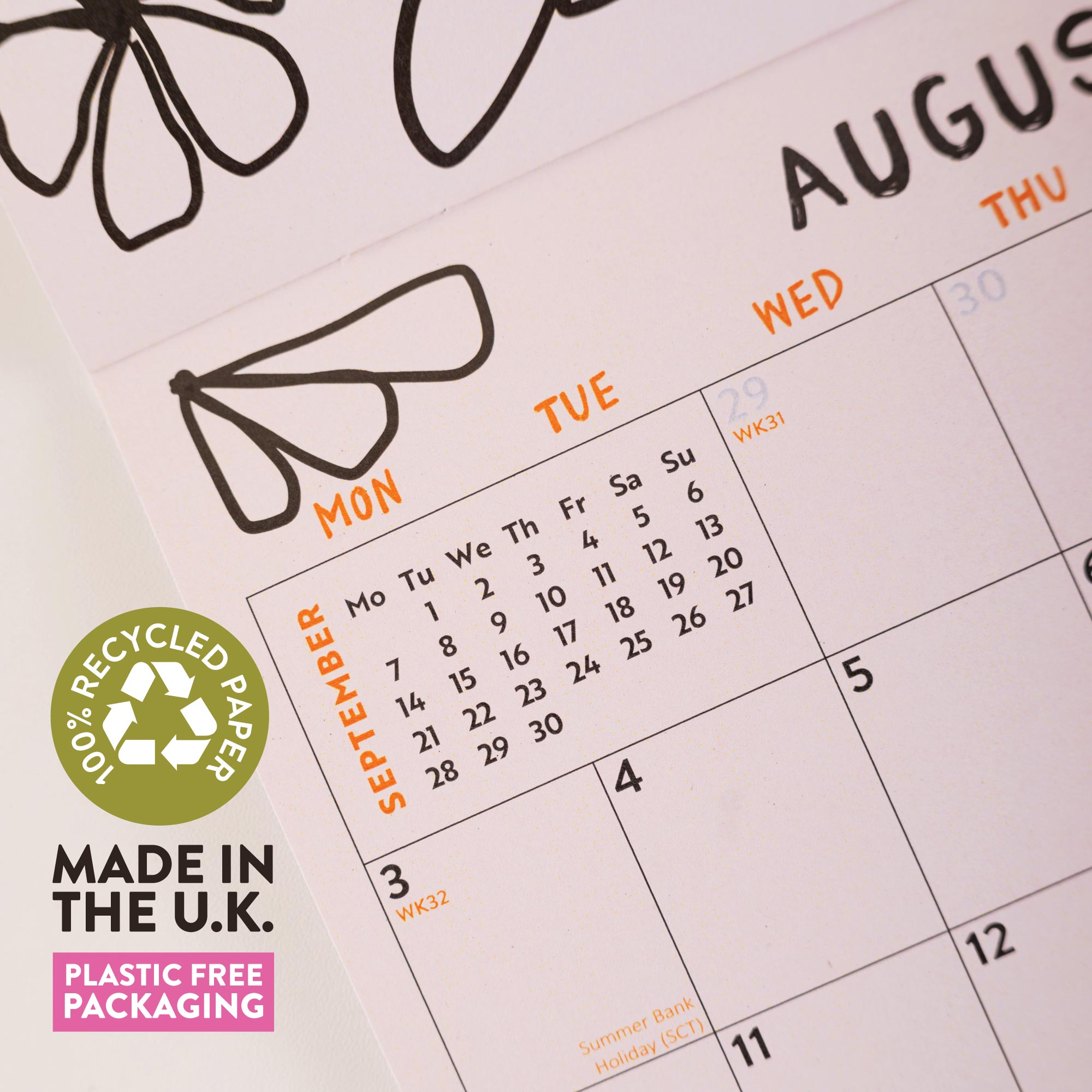 Calendar page with August and September dates, recycled paper logo, and plastic-free packaging text.