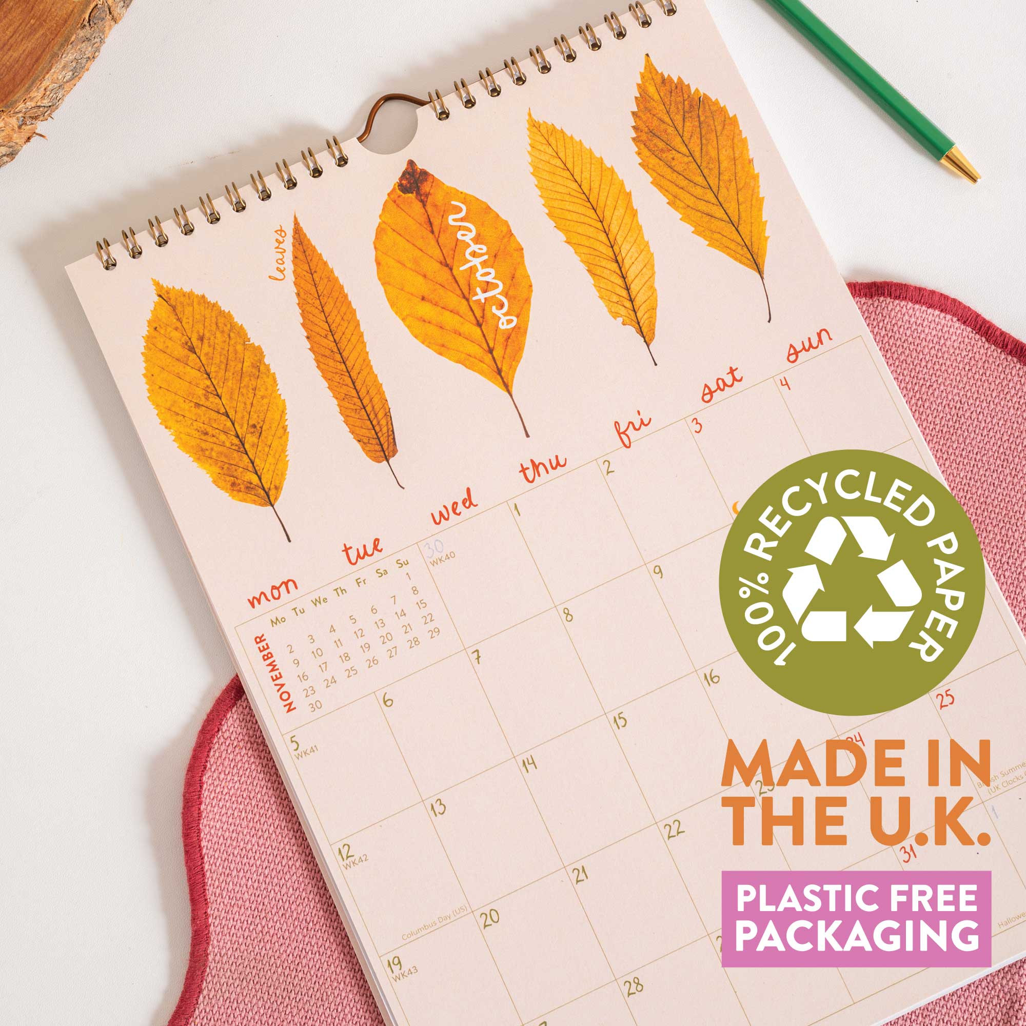 Calendar with leaf design and recycled paper.