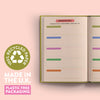  An open 2026 diary showing an "IMPORTANT INFO" section with blank lines for details like insurance, phone numbers, and vehicle info. A prominent green circular stamp on the left page states "100% RECYCLED PAPER" and text below reads "MADE IN THE U.K. PLASTIC FREE PACKAGING."