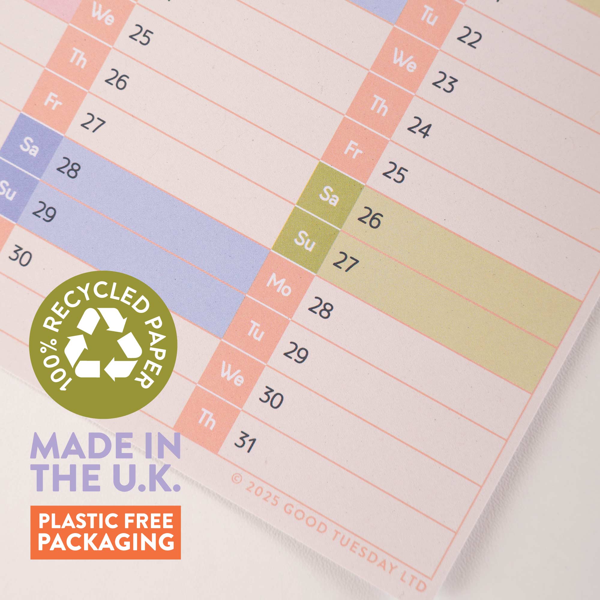 Good Tuesday, compact portrait 2026 wall planner, year view, in pastel colours, made on 100% recycled paper, made in the UK, plastic free packaging