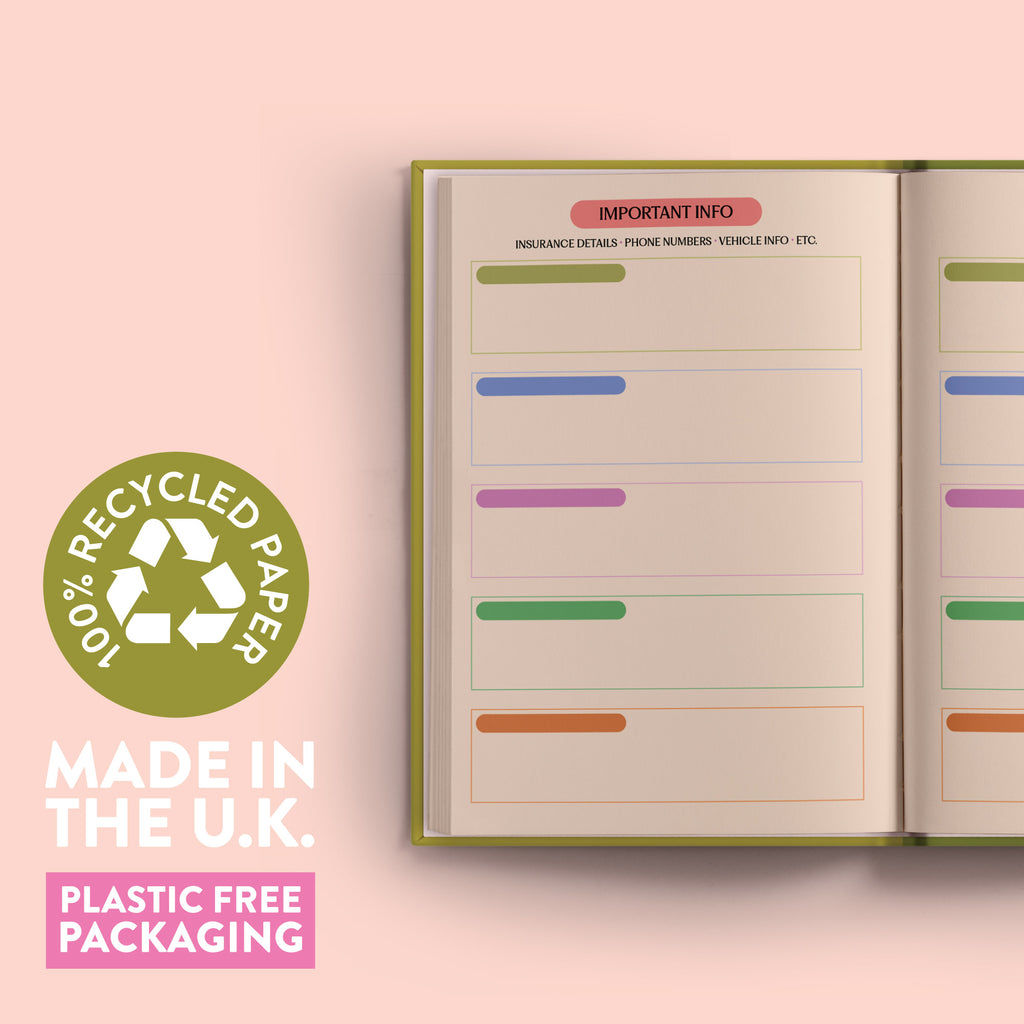 An open 2026 diary showing an "IMPORTANT INFO" section with blank lines for details like insurance, phone numbers, and vehicle info. A prominent green circular stamp on the left page states "100% RECYCLED PAPER" and text below reads "MADE IN THE U.K. PLASTIC FREE PACKAGING."