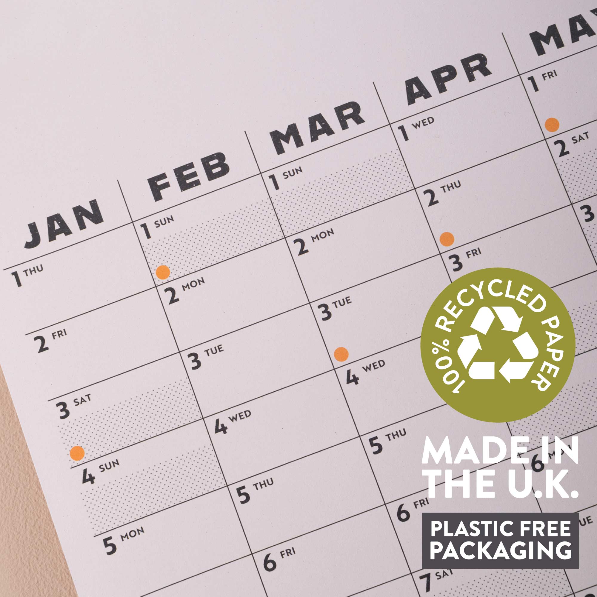 Good Tuesday's Black and White 2026 Calendar with a 'Recycled Paper' label and 'Made in the U.K.' 