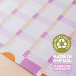 A close-up of the 2026 wall planner, highlighting that it is Printed in the UK on 100% Recycled Paper.
