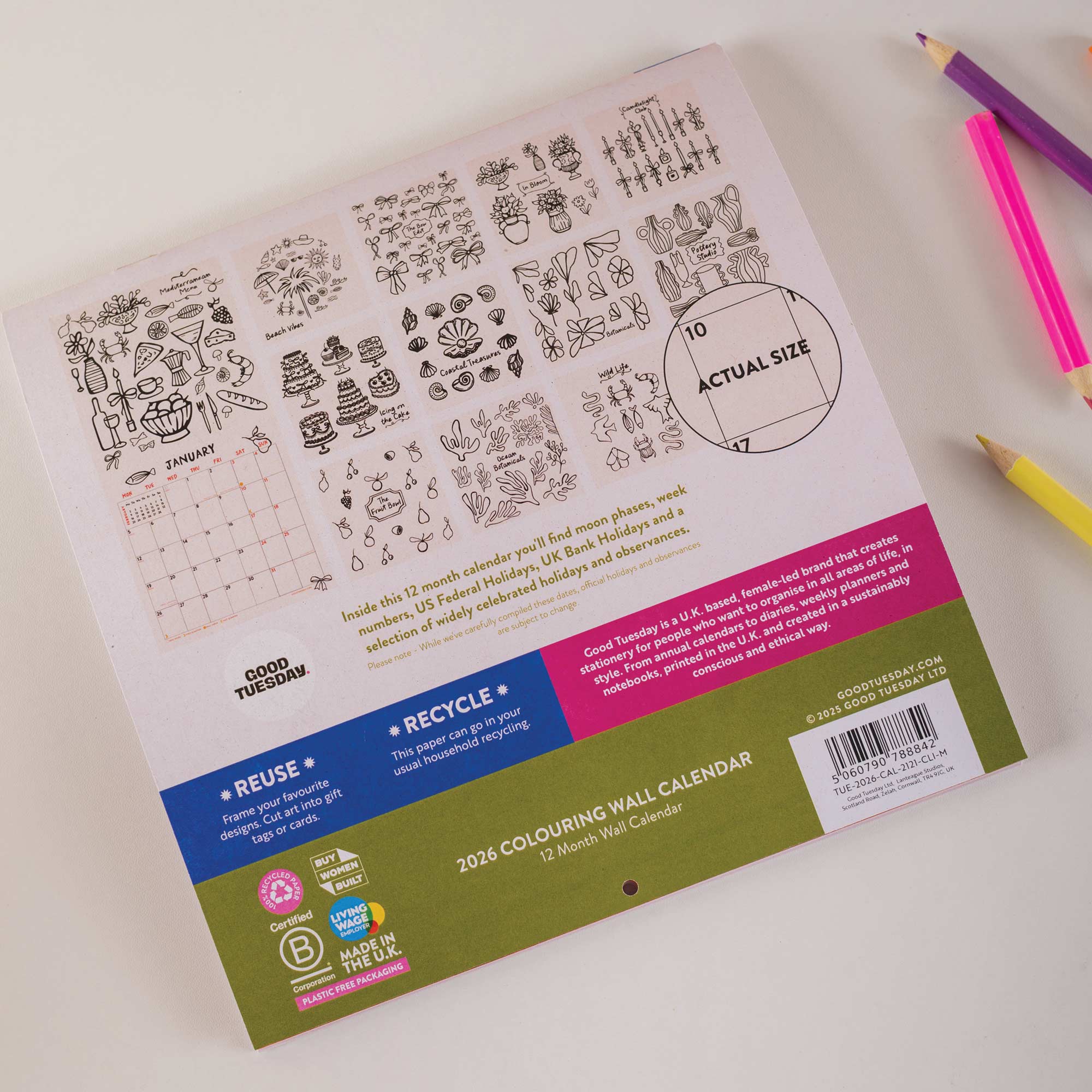 2023 Colouring Wall Calendar packaging with illustrations and recycling information on a white background.