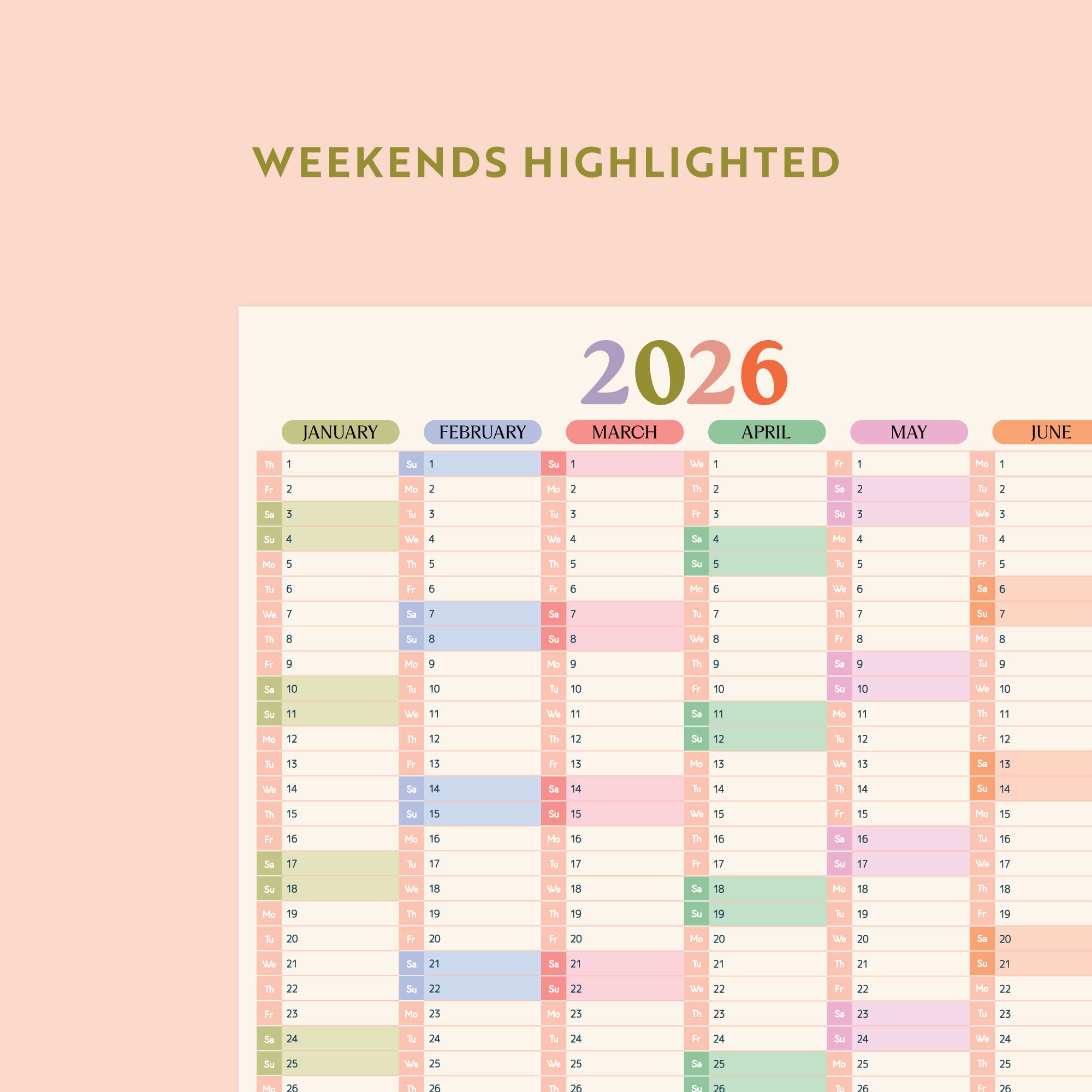 Good Tuesday, compact portrait 2026 wall planner, year view, in pastel colours, weekends highlighted