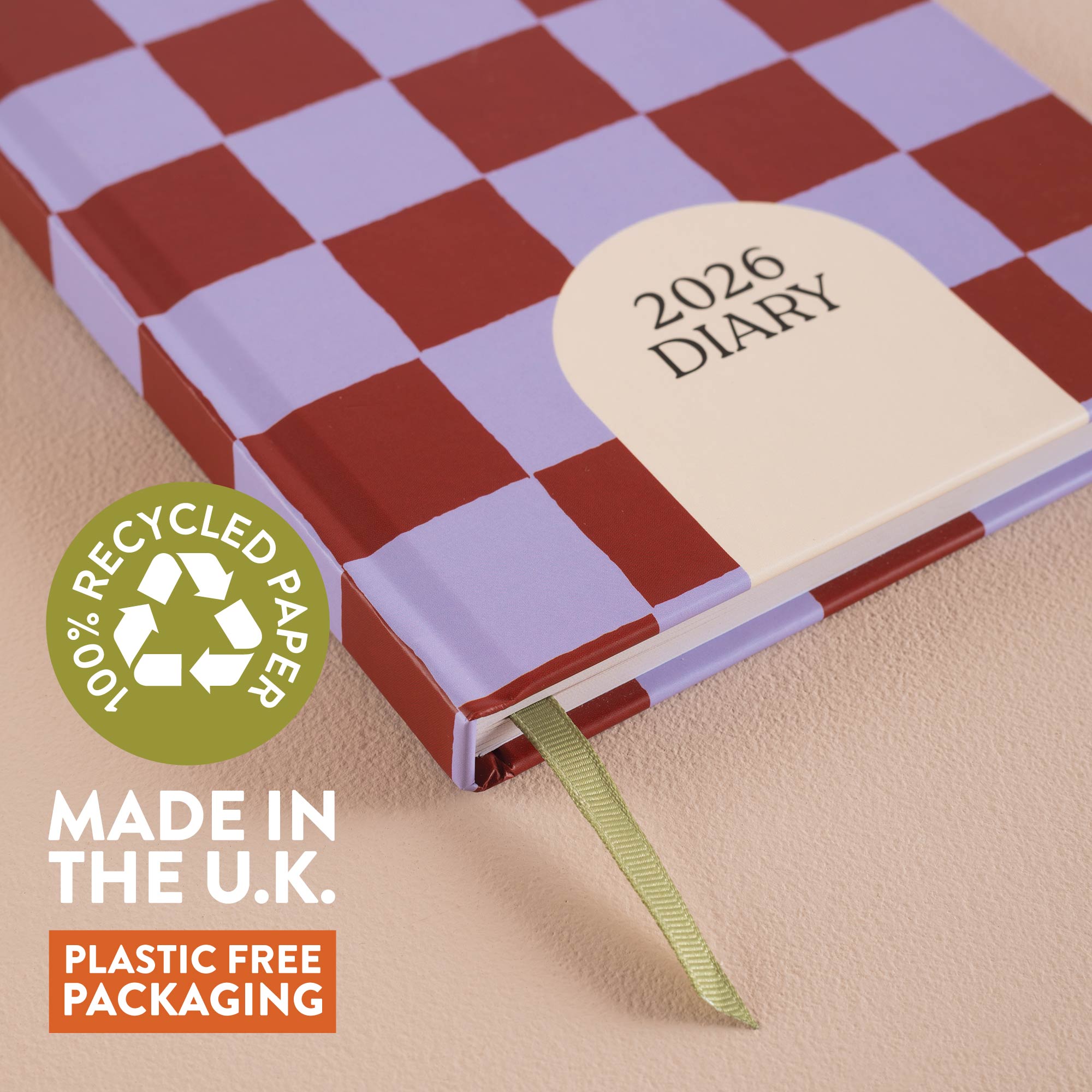 Checkered 2026 diary. Made in the UK on Recycled Paper. 