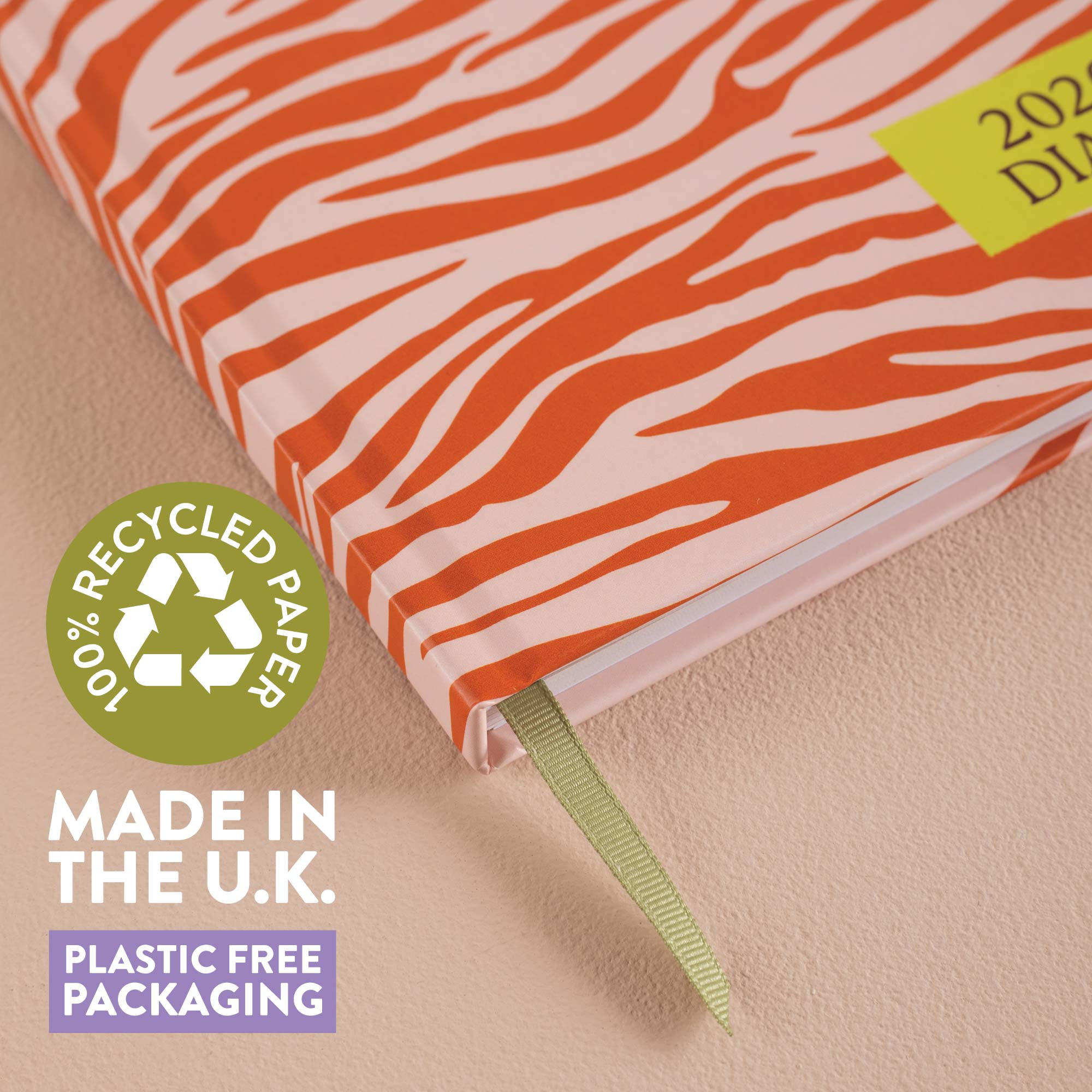2022 diary with orange and white zebra pattern. 100% Recycled paper. Made in the Uk. 