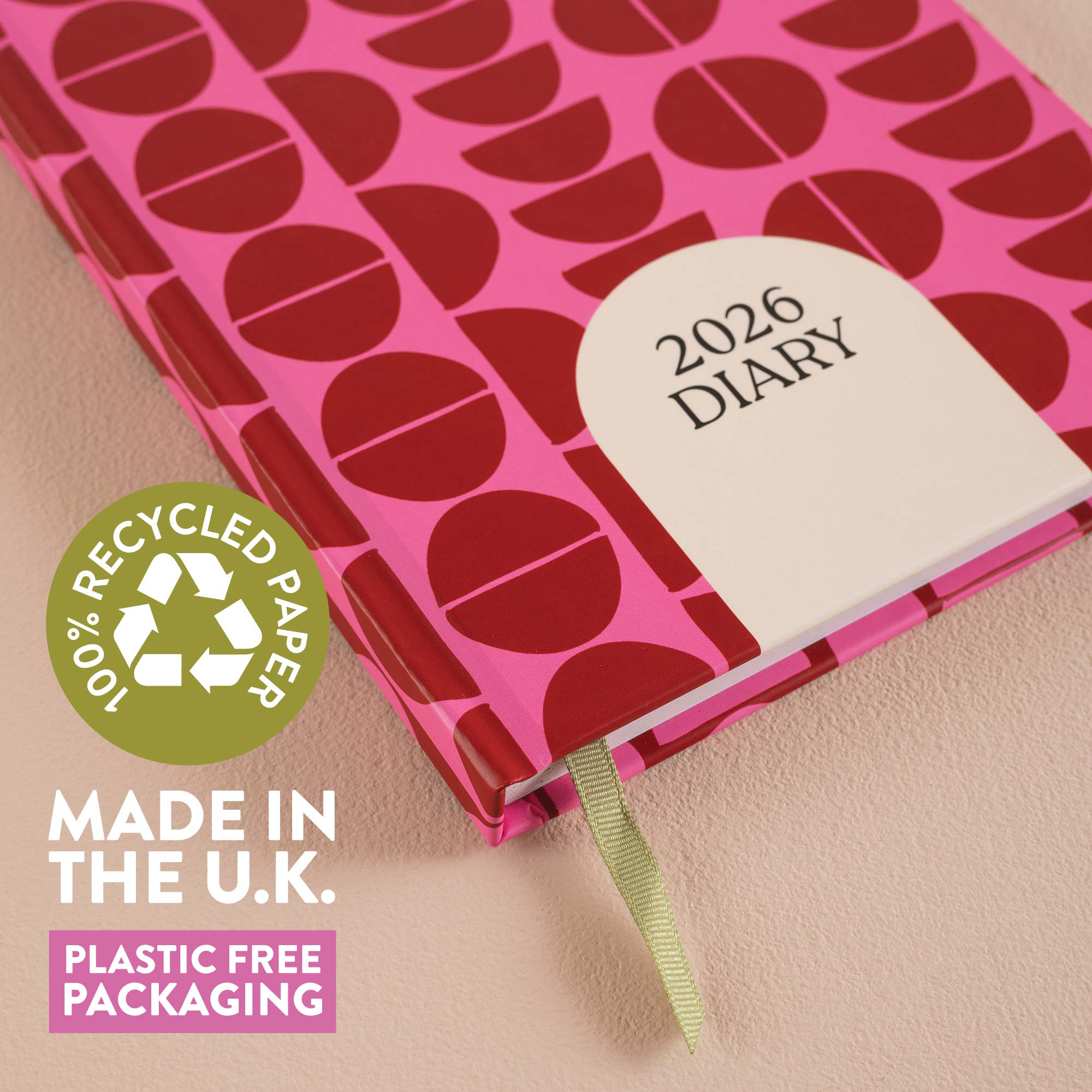 2026 diary with pink cover and red pattern. Plastic free packaging and made in the UK. 
