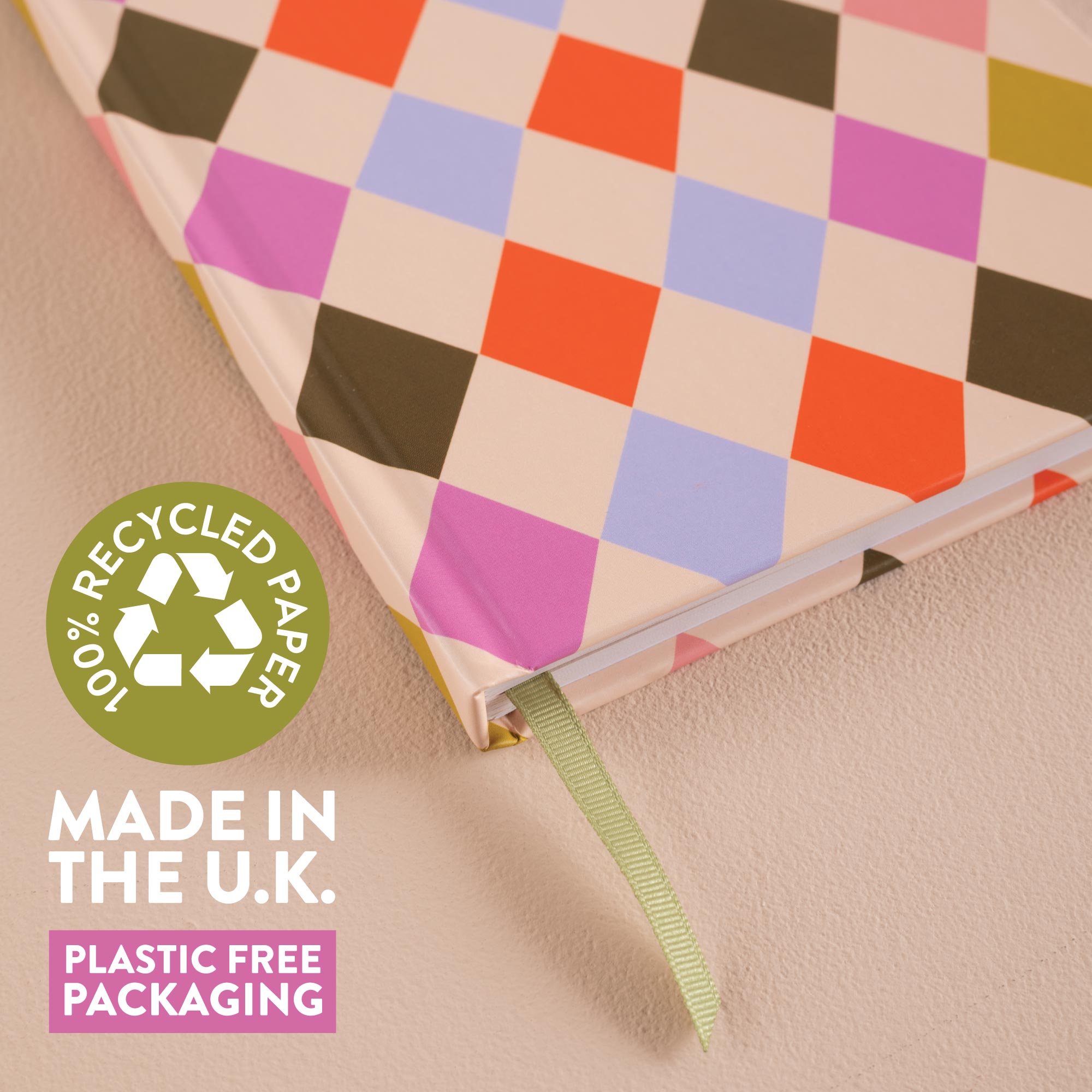Colorful diamond patterned 2026 Diary. Recycled Paper and Made in the UK. Plastic Free packaging. 