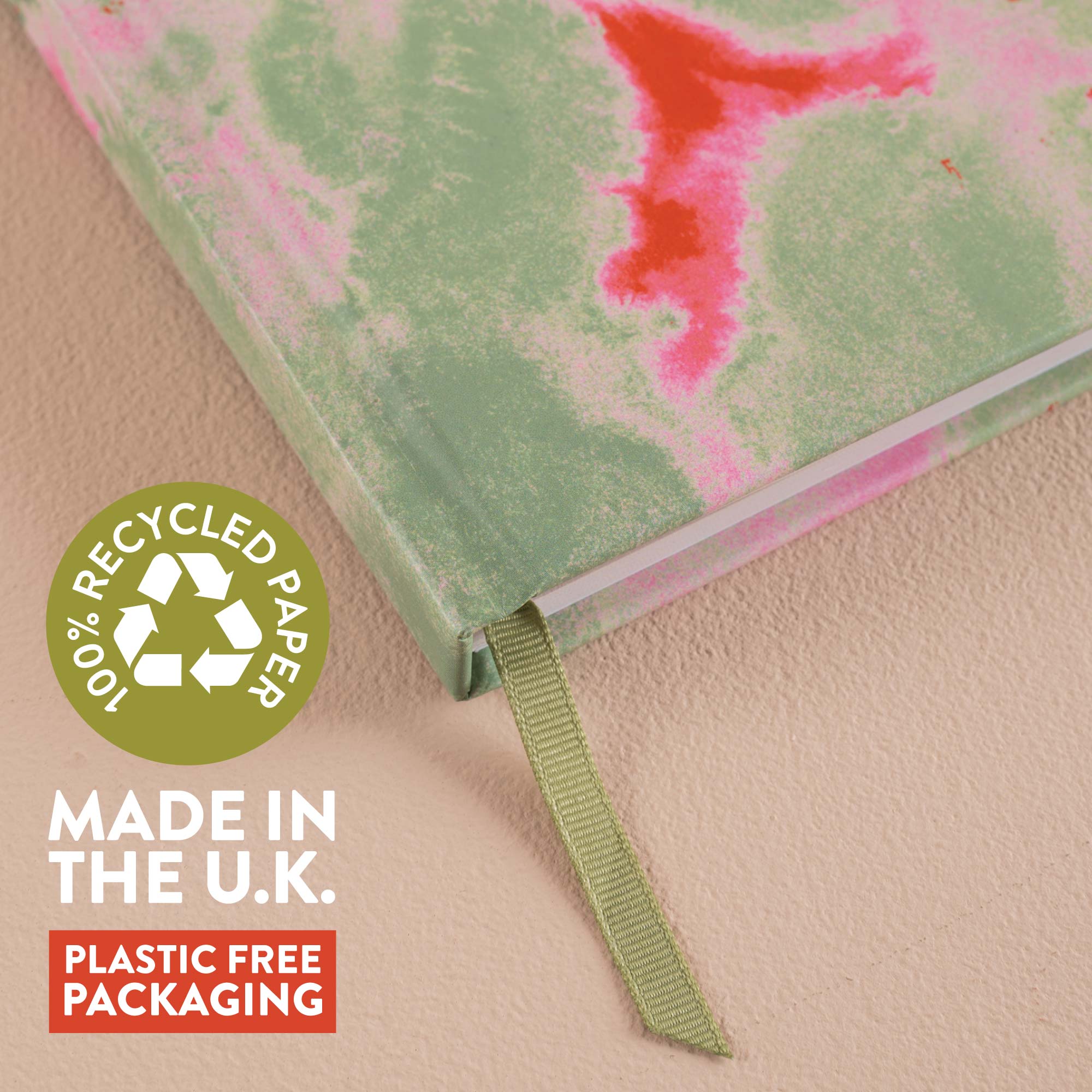 2026 Hazy Ink Diary with pink and green abstract design. 100% Recycled Paper. 
