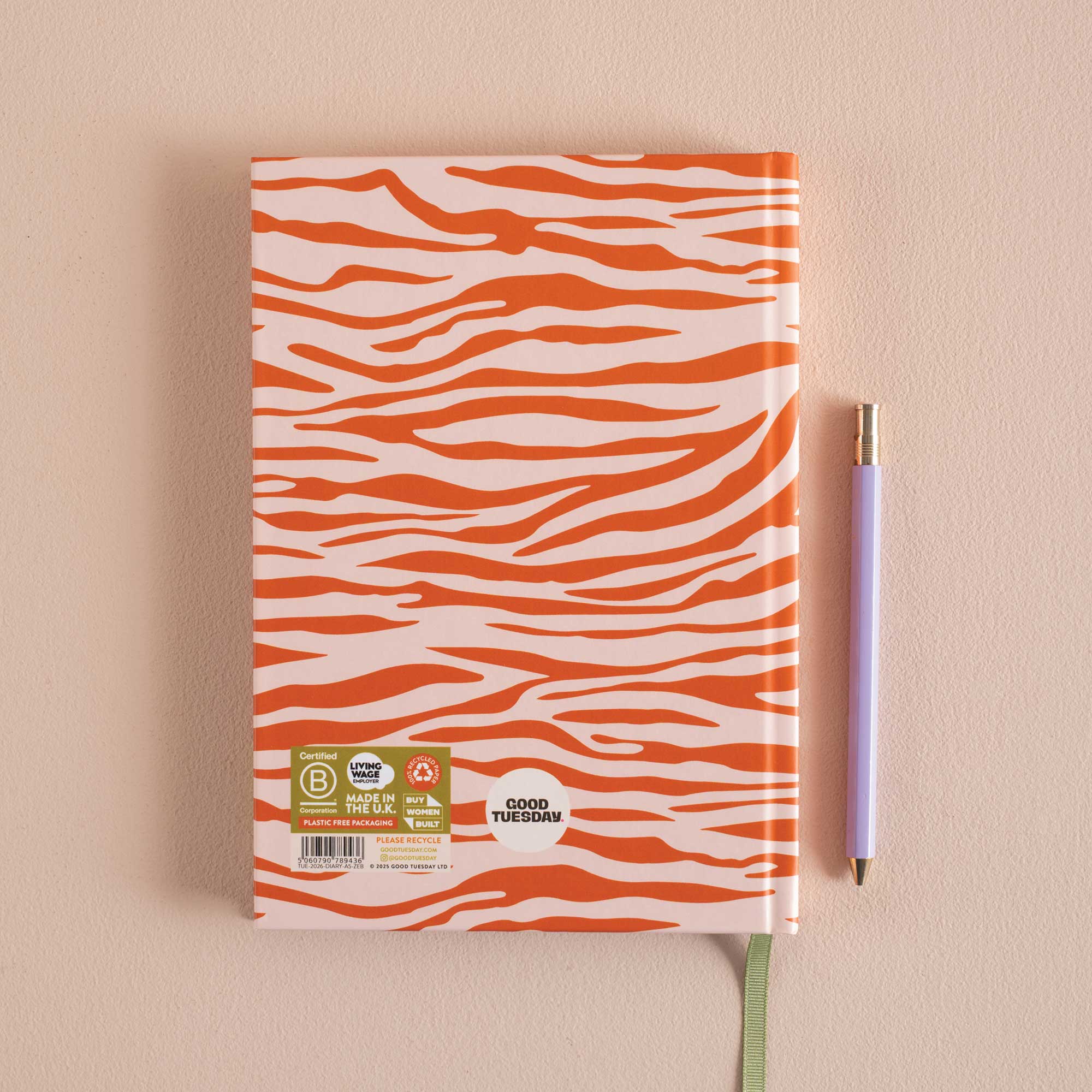 2022 diary with orange and white zebra pattern. 100% Recycled paper. 