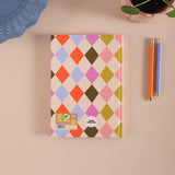 Harlequin pattern. Colourful diamond patterned 2026 Diary. Recycled Paper and Made in the UK. Plastic Free packaging. 