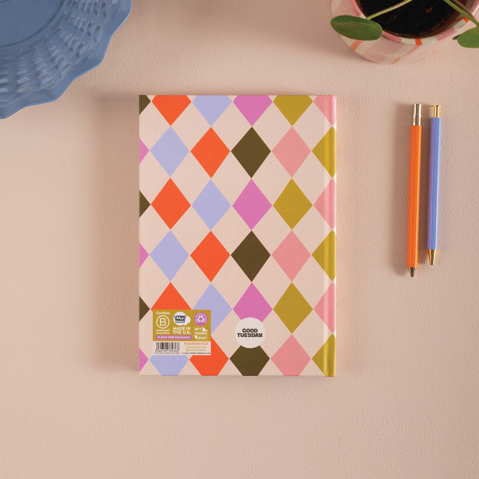 Harlequin pattern. Colourful diamond patterned 2026 Diary. Recycled Paper and Made in the UK. Plastic Free packaging. 