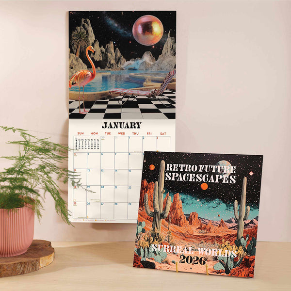 Front cover of 2026 large art calendar - sci fi design with abstract futuristic designs throughout. Printed on 100% recycled paper.
