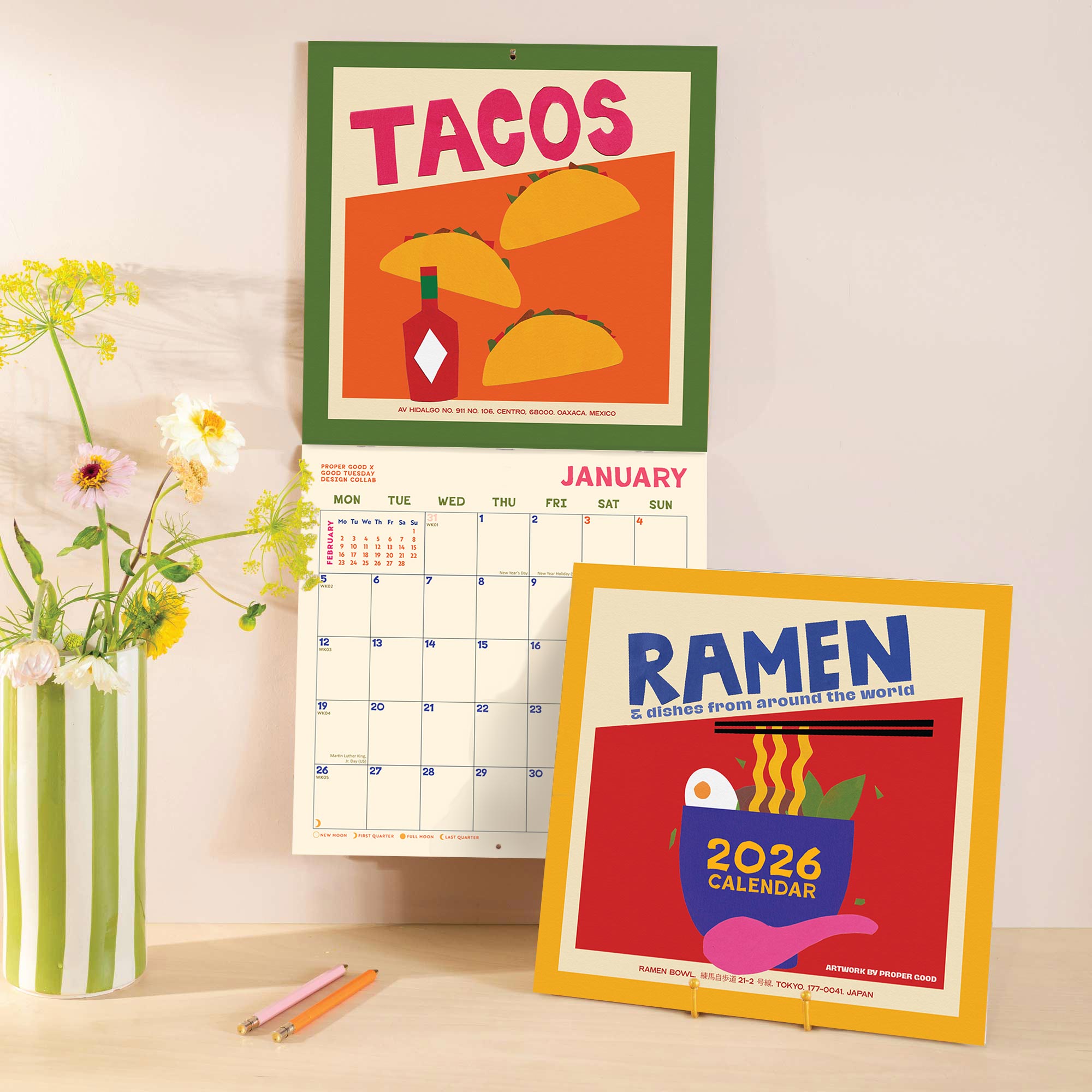 Front cover of 2026 large art calendar - dishes around the world design with fun illustrations of food throughout. Printed on 100% recycled paper.