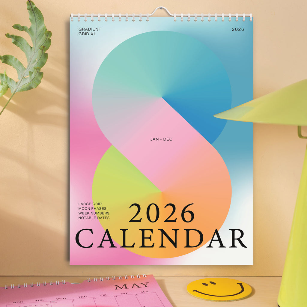 2026 calendar with colourful gradient grid design. Hook on top for hanging. Made in the UK. 