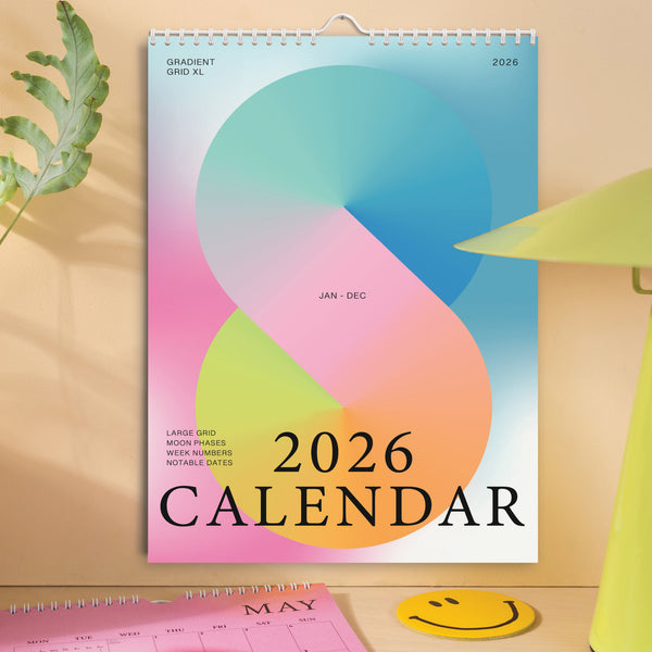 2026 calendar with colourful gradient grid design. Hook on top for hanging. Made in the UK. 