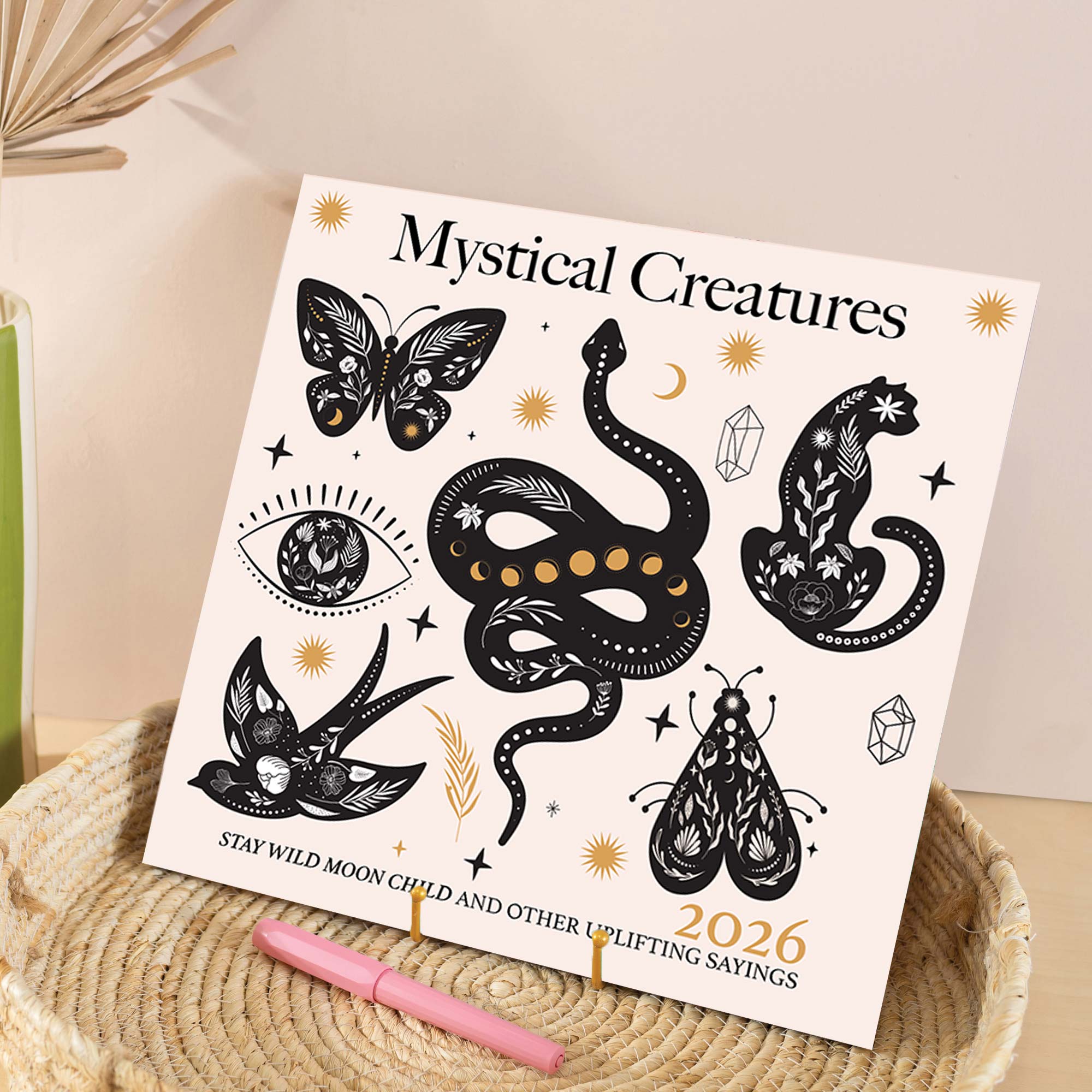 Front cover of 2026 large art calendar - mystical creatures design with bold designs throughout. Printed on 100% recycled paper.