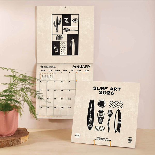 Front cover of 2026 large art calendar - surf inspired design with artwork from Raised by Summer throughout. Printed on 100% recycled paper.