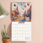 Surreal retro space illustration on 2027 wall calendar with cosmic theme