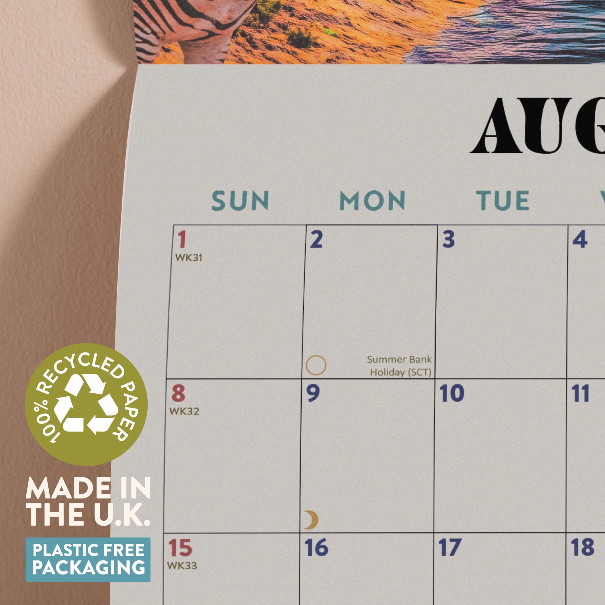 2027 wall calendar printed on recycled paper with made in UK and plastic free packaging badges