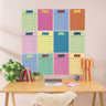 Large A3 undated monthly wall planner in Retro Daze colours with 12 separate monthly pages, showing 12 monthly pages arranged together on the wall.