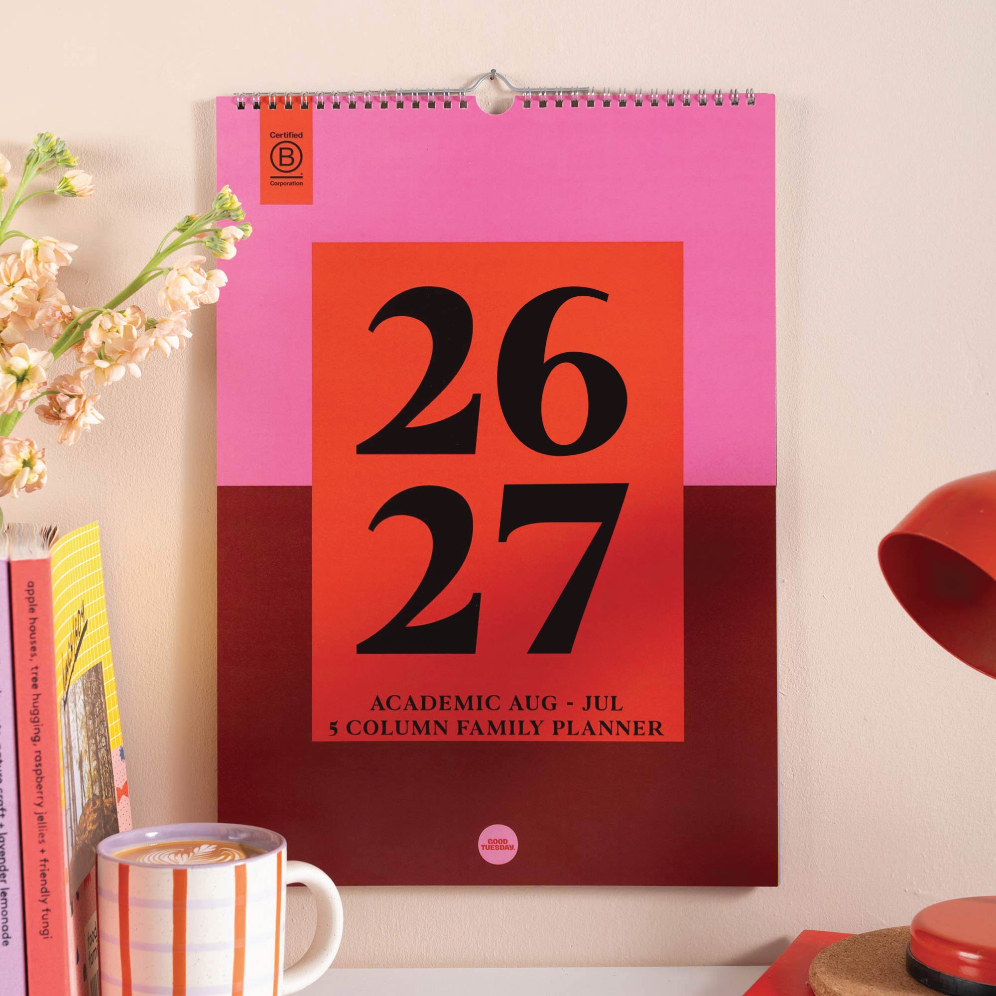 2026 to 2027 A3 family wall calendar with bold block design hanging on wall