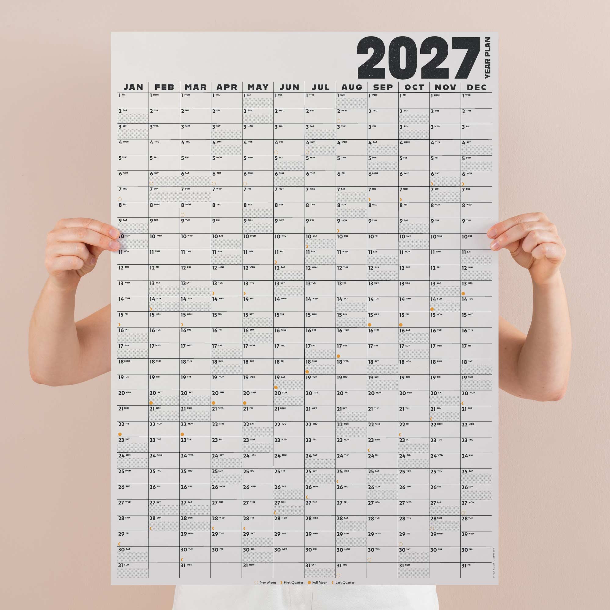 Large A1 Black & White 2027 Wall Calendar. B Corp. Portrait.