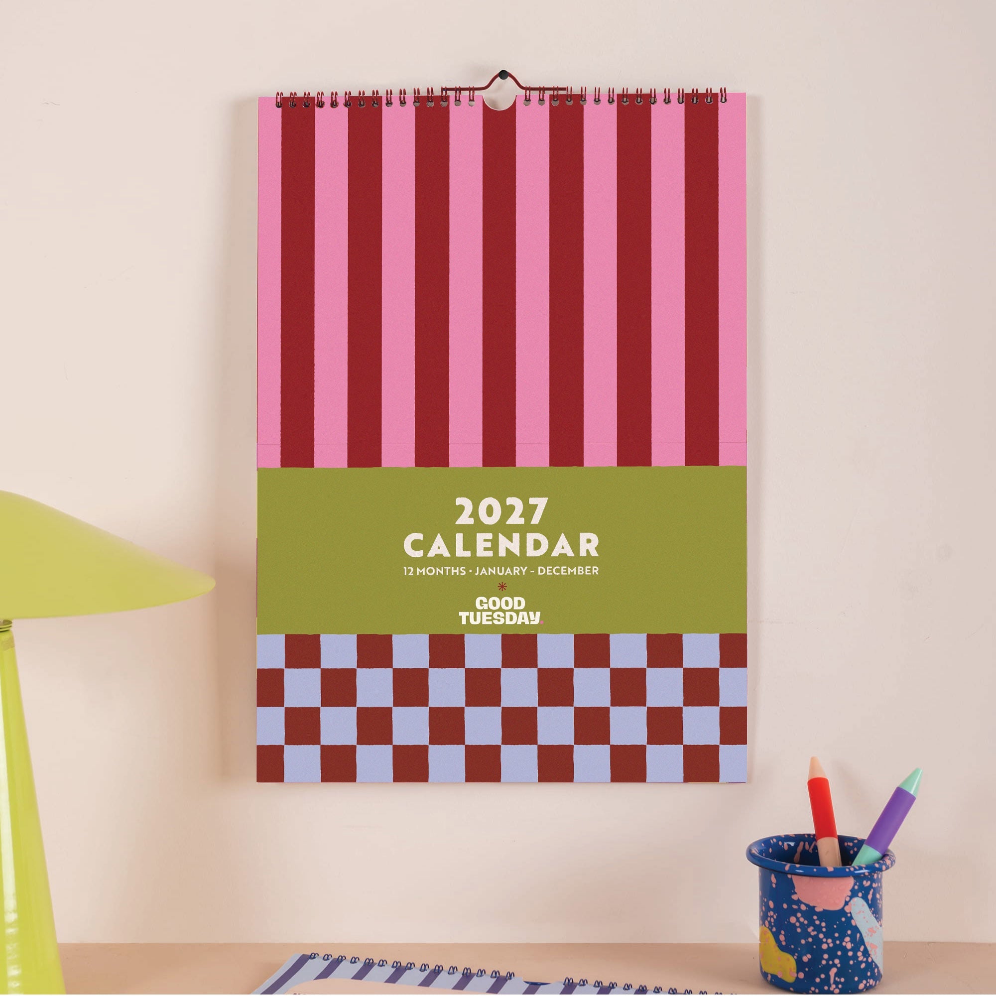 2027 Checks & Stripes A3 Wall Calendar, larger format, month to view