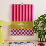 2027 Checks & Stripes A3 Wall Calendar, retro Mediterranean colour palette