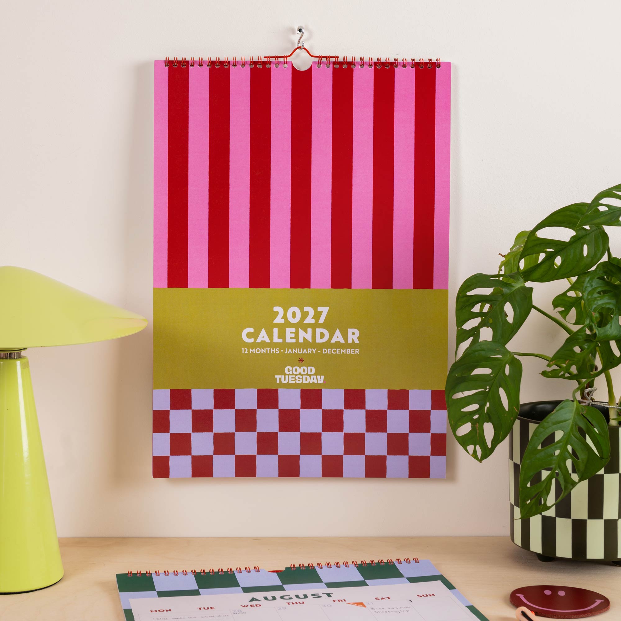 2027 Checks & Stripes A3 Wall Calendar, retro Mediterranean colour palette