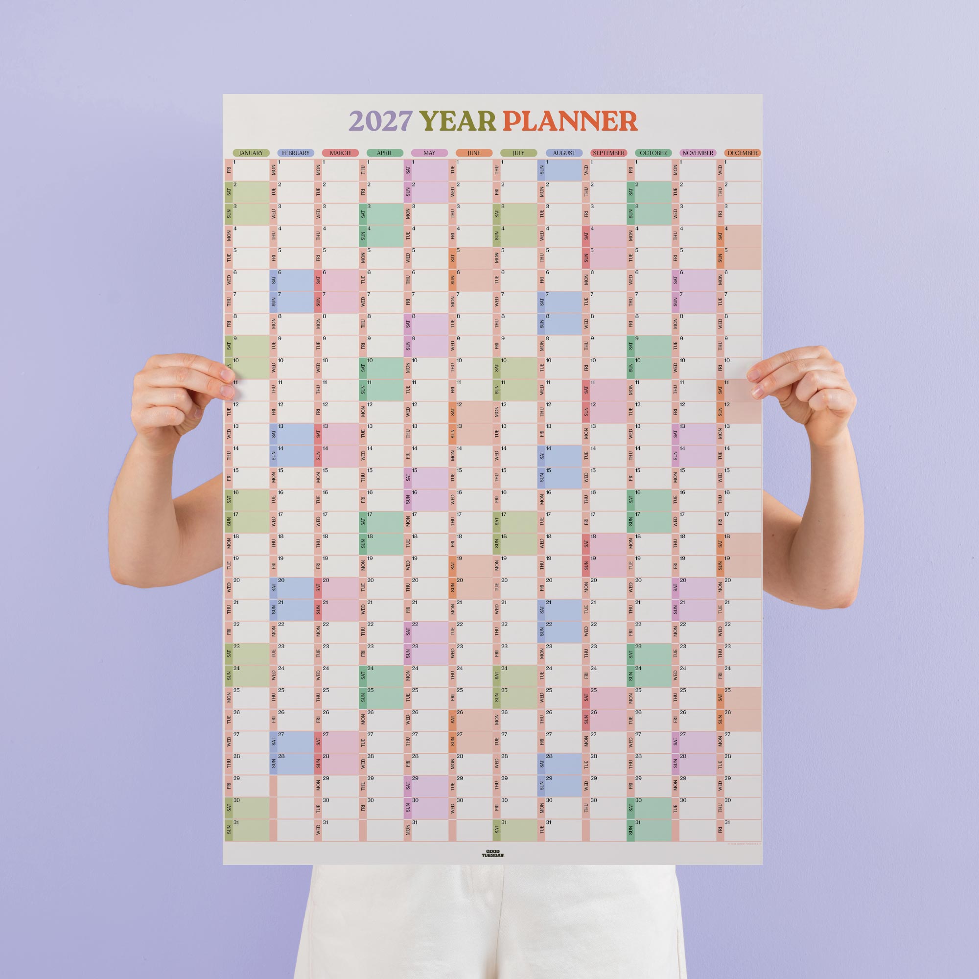 2027 Soft Focus A1 wall planner, pastel monthly grid layout by Good Tuesday