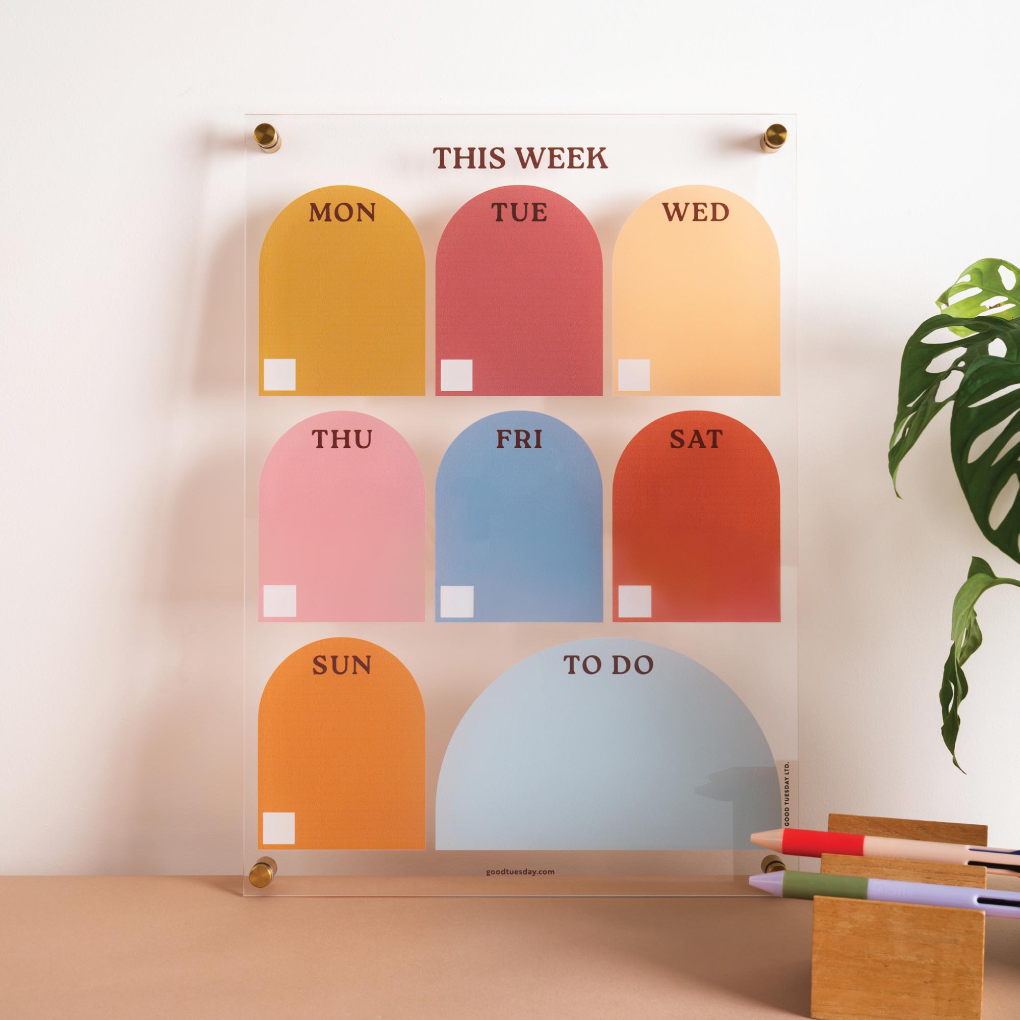 Colourful weekly acrylic planner, endlessly reusable and wipeable. 