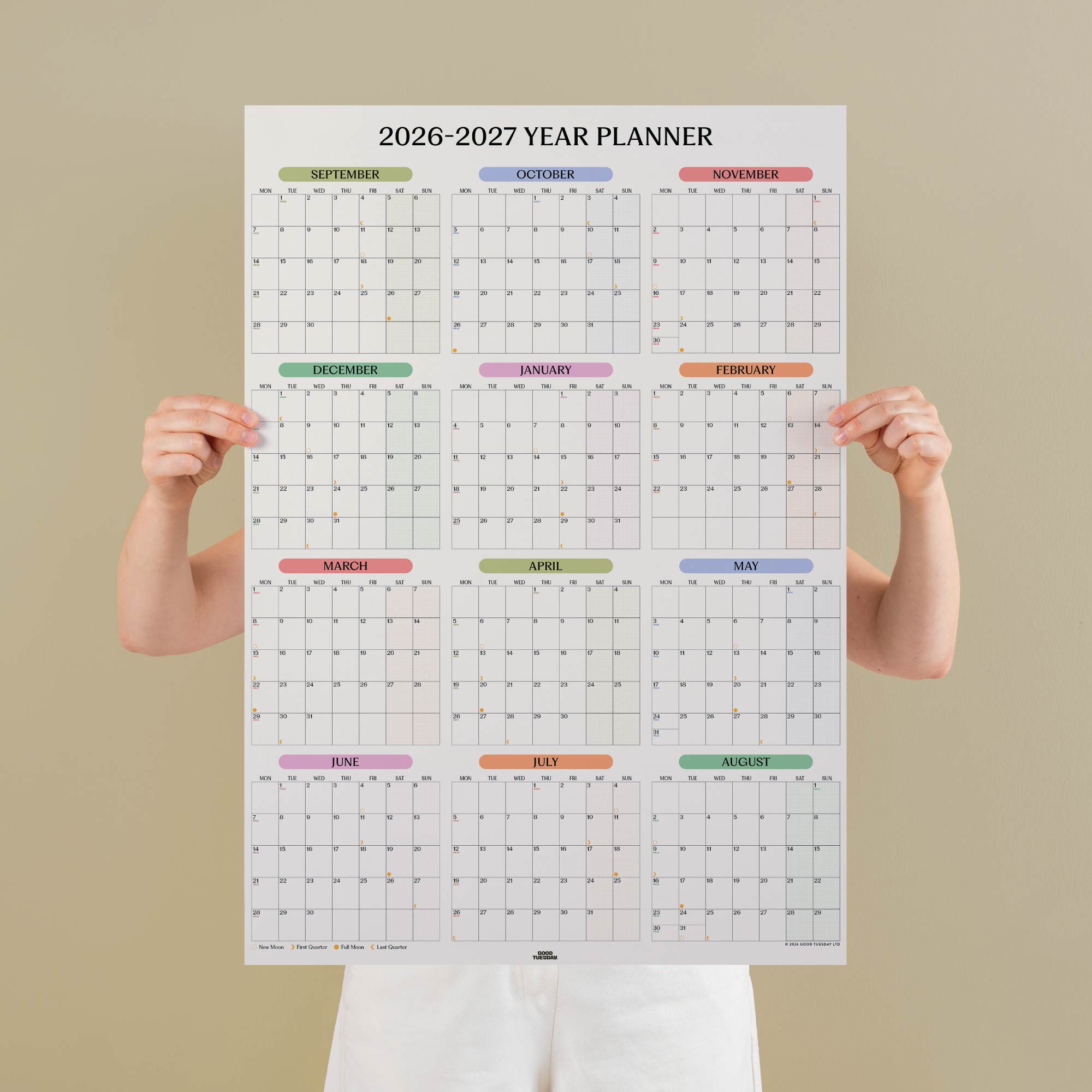 2026-2027 Academic Year Wall Planner in design pastel monthly grid year by Good Tuesday, showing September to August layout