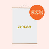 Oak poster hanger / Wall planner hanger, 28" (71.5cm) long, designed for A1 portrait and landscape wall planners and 70cm x 49cm Wall planners. 