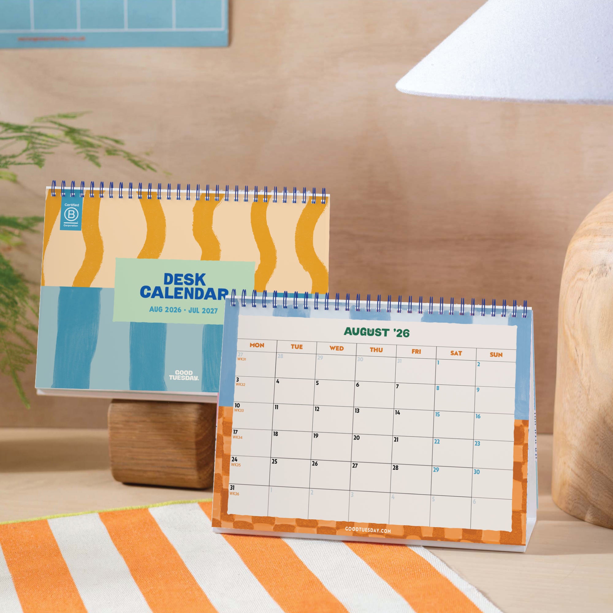2026–2027 academic desk calendar in coastal stripe design standing on desk