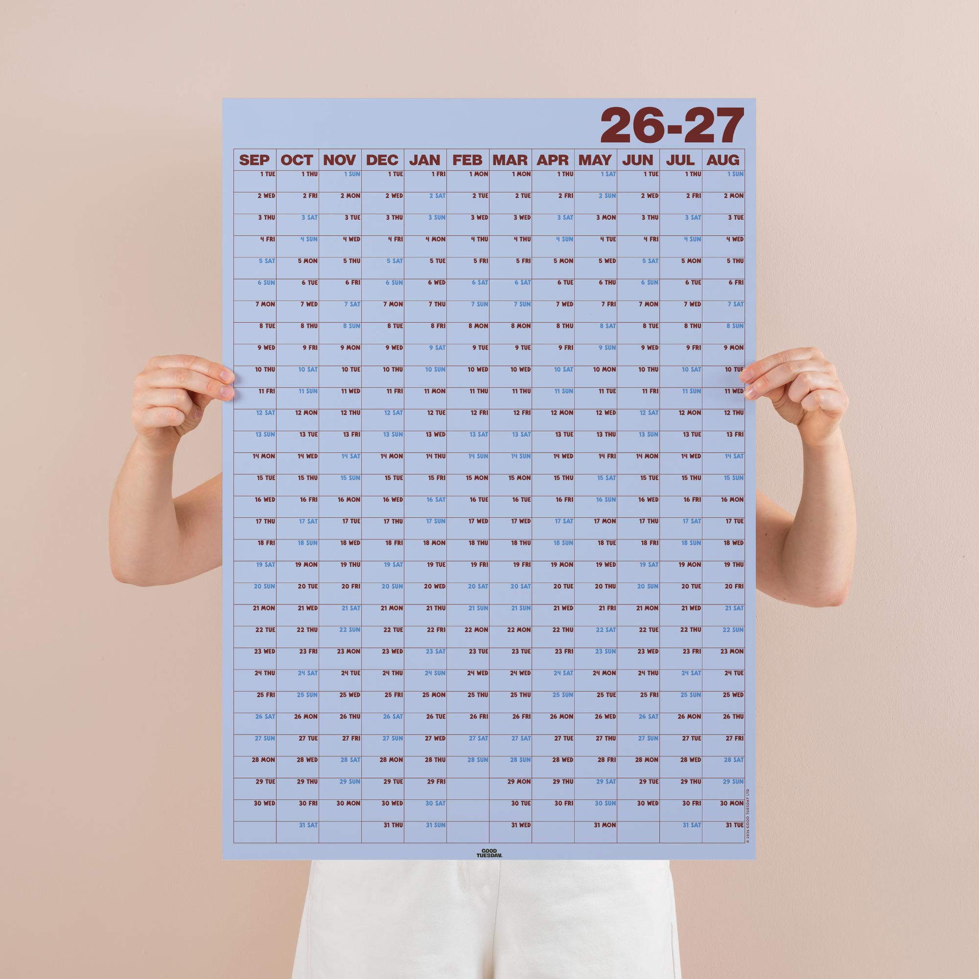 Glacier Blue 2026–2027 academic year wall planner showing August to July monthly layout.