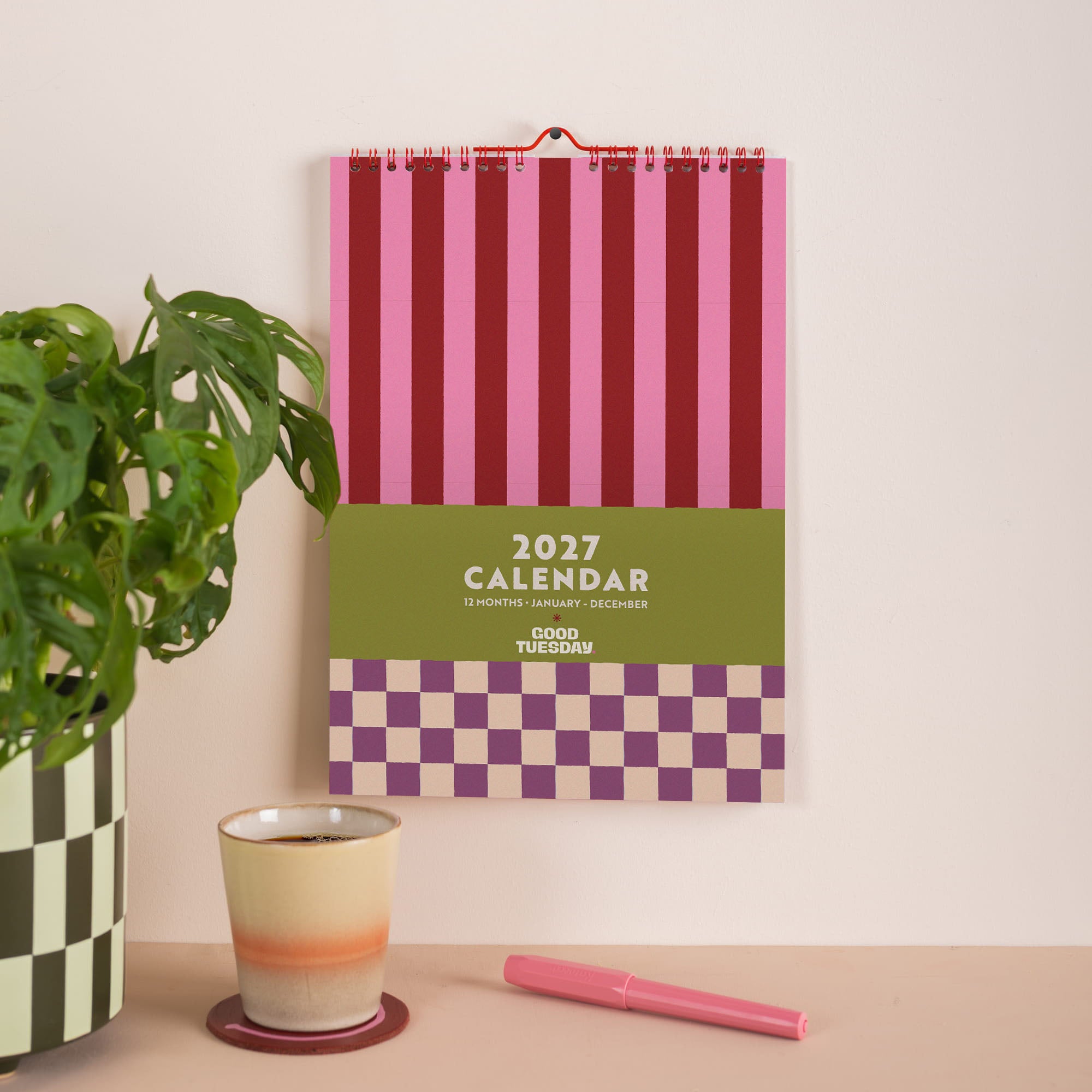 2027 Checks & Stripes A4 Calendar, Sunday start, retro colour palette