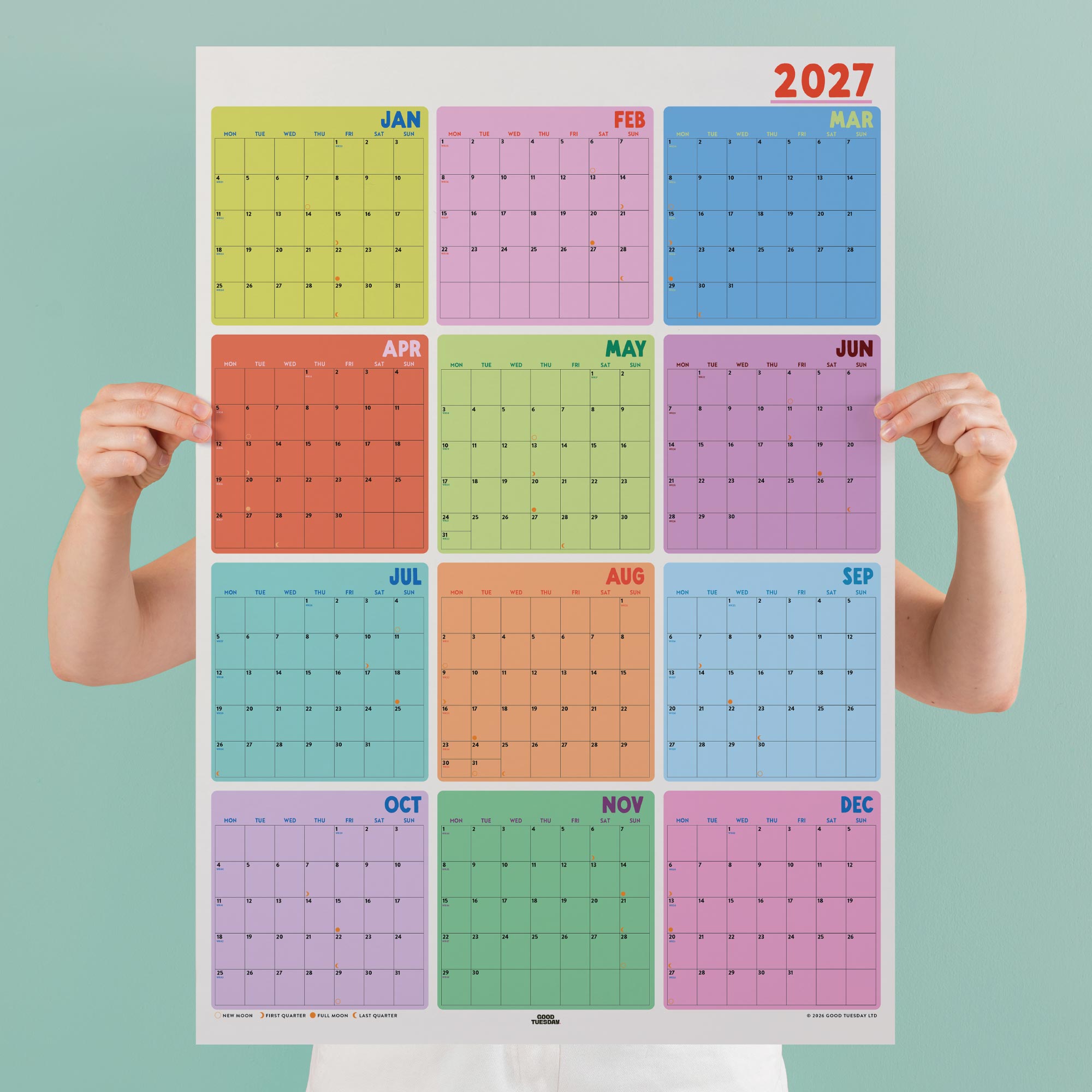2027 A1 Colourburst Monthly Grid Wall Planner, portrait dedicated month-to-view grid