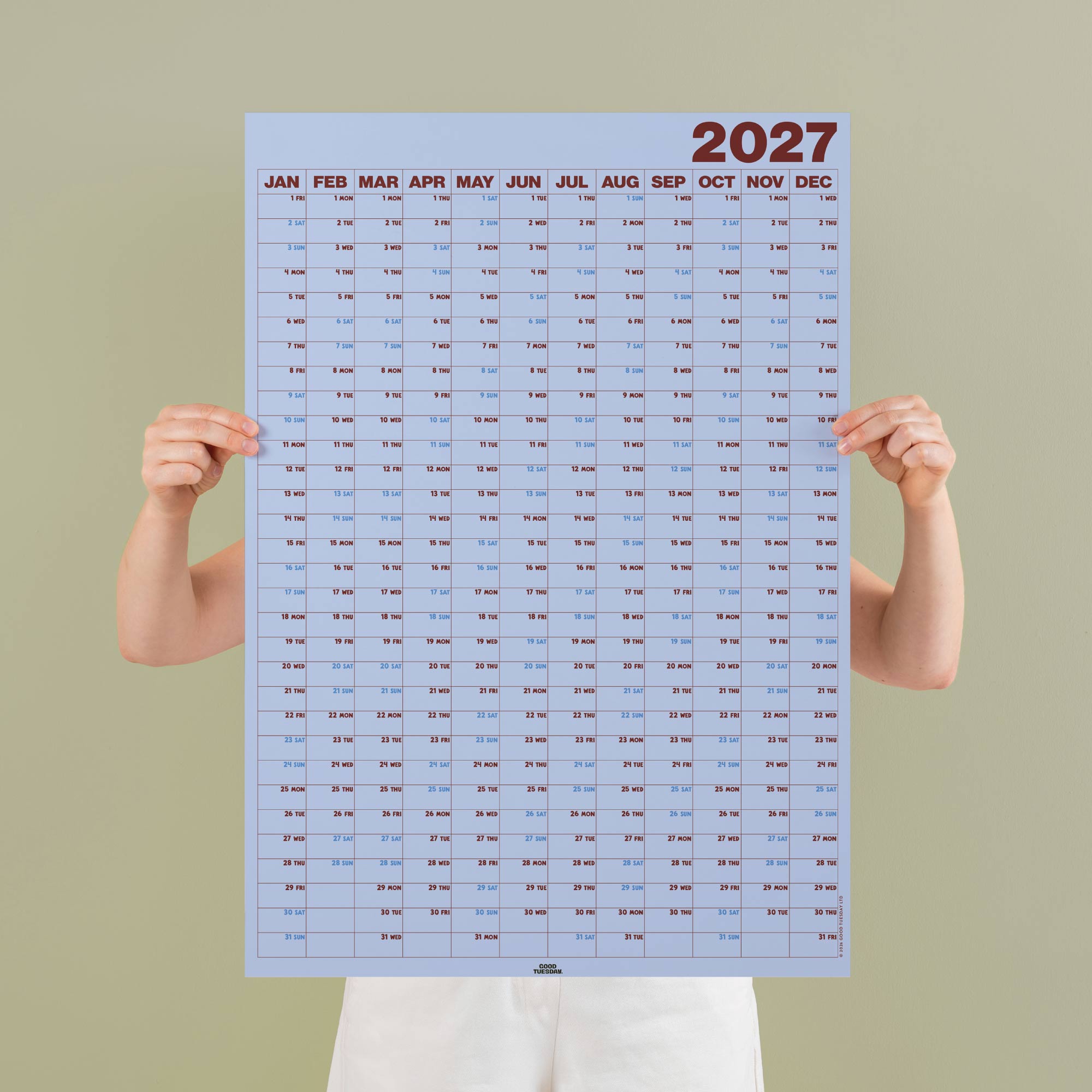 2027 Glacier Blue wall planner, portrait format by Good Tuesday